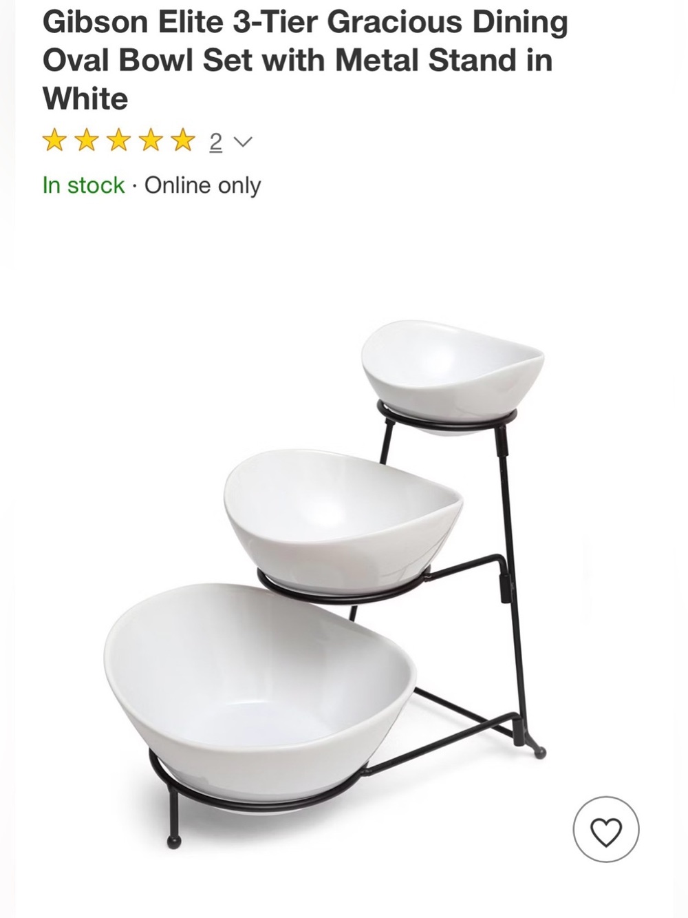 Gibson White 3-Tier Oval Serving Bowl Set with Black Metal Stand